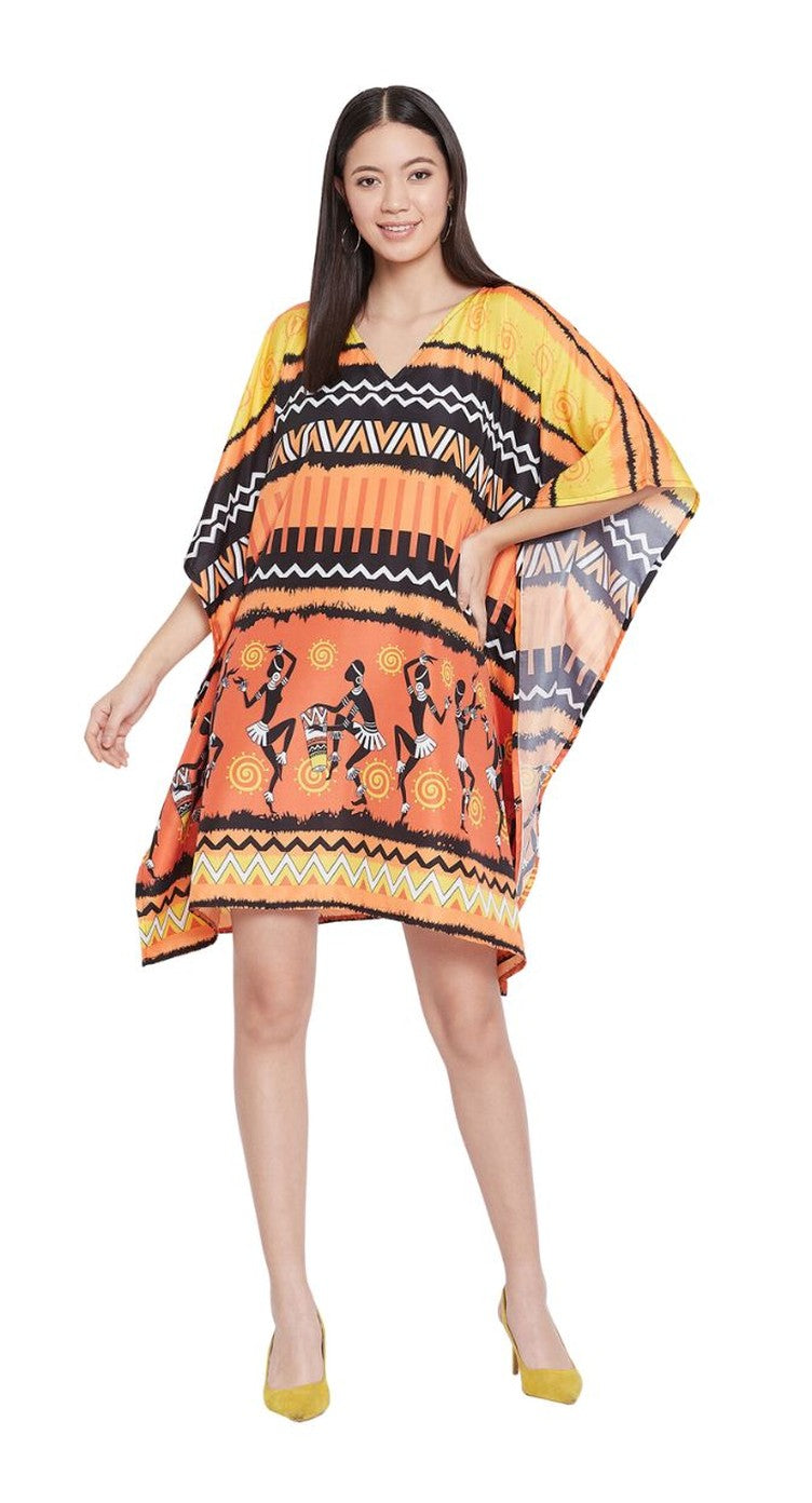 Orange, yellow and black tribal print plus size tunic with kimono sleeves