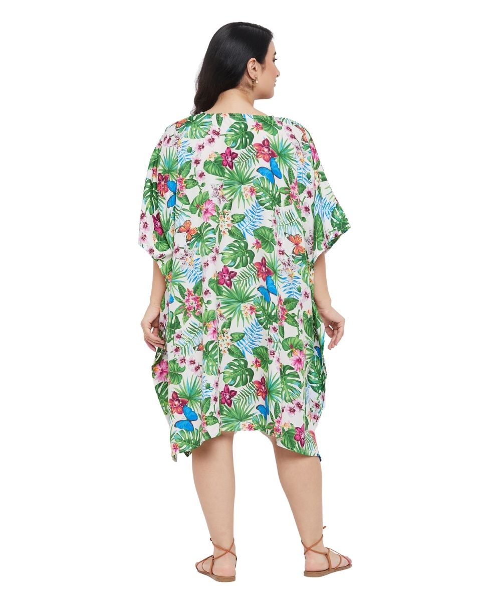 Leaf Printed Green Polyester Tunic Top For Plus Size Women