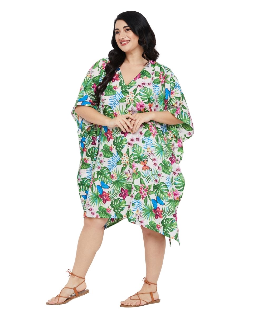 Leaf Printed Green Polyester Tunic Top For Plus Size Women