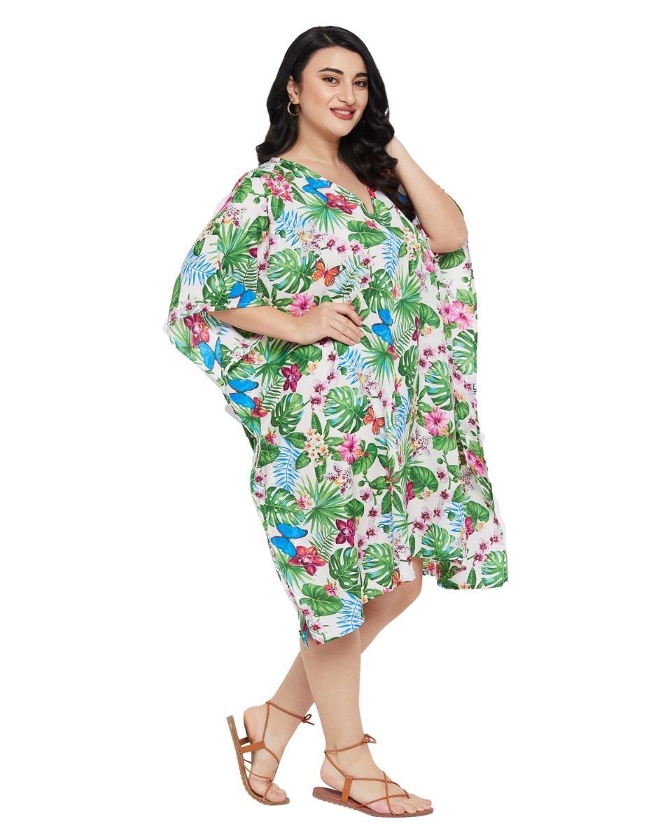 Leaf Printed Green Polyester Tunic Top For Plus Size Women