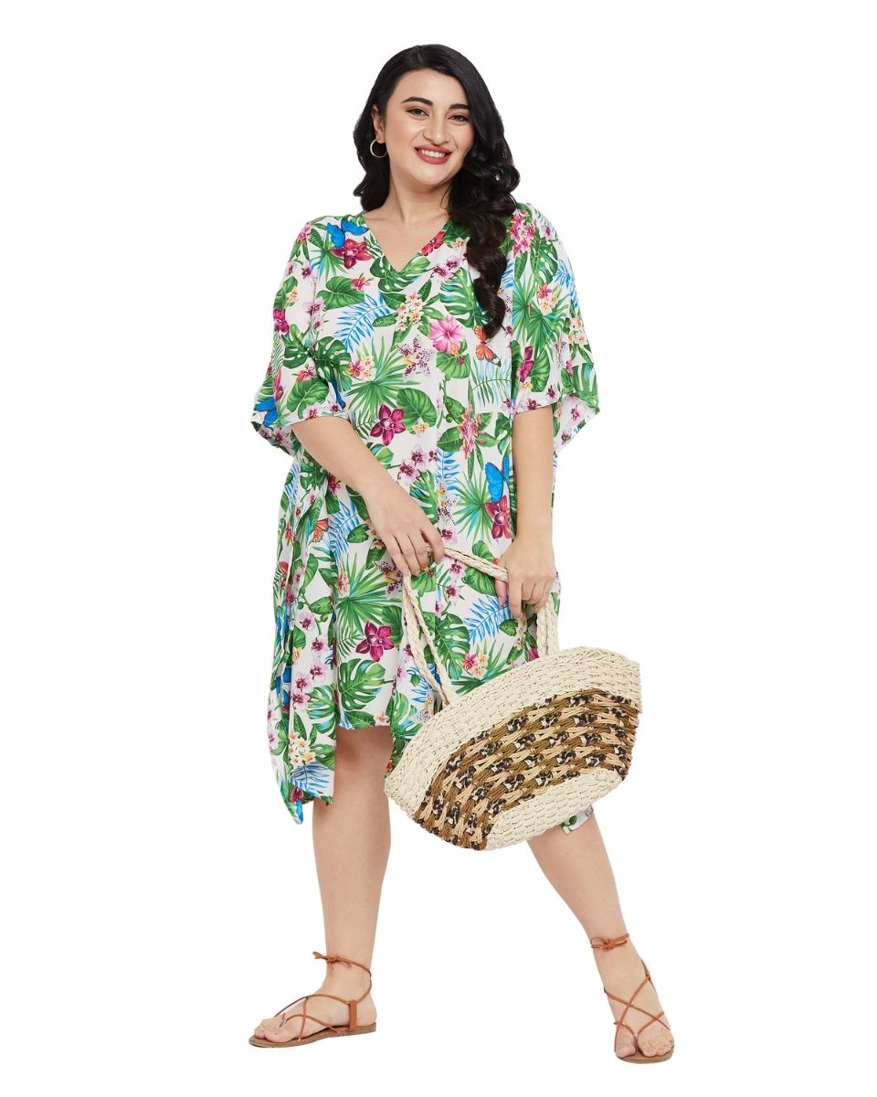 Leaf Printed Green Polyester Tunic Top For Plus Size Women