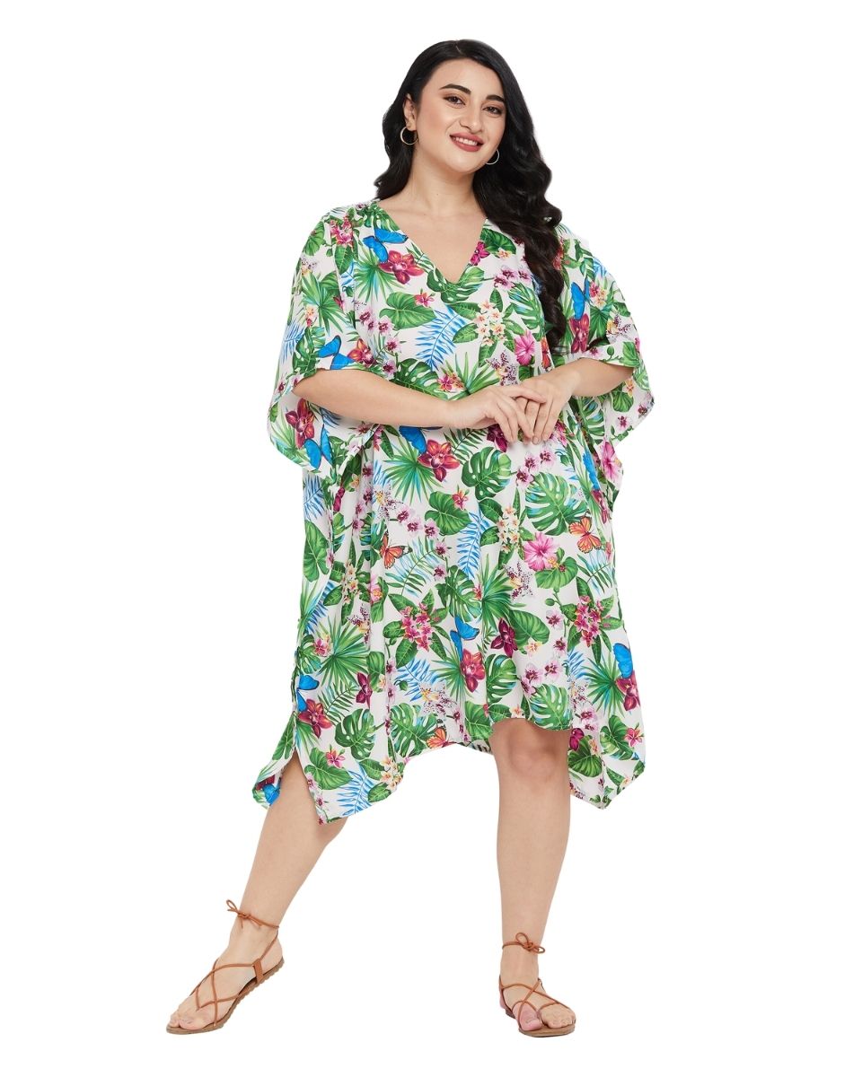 Leaf Printed Green Polyester Tunic Top For Plus Size Women