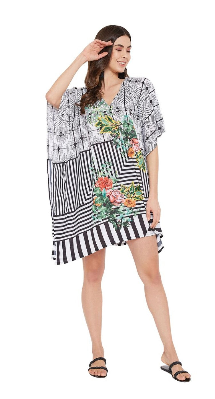 Black and white striped floral print plus size tunic with kimono sleeves