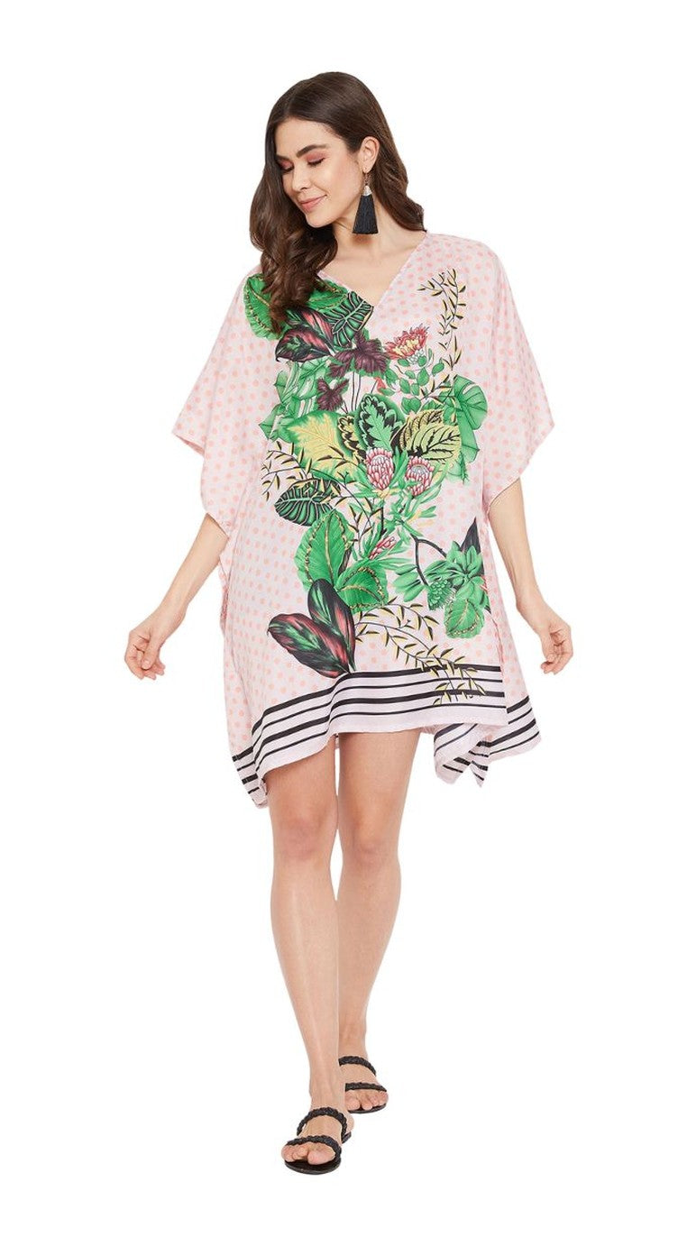 Pale pink polyester plus size tunic with green tropical botanical leaf print, striped border hem and kimono sleeves