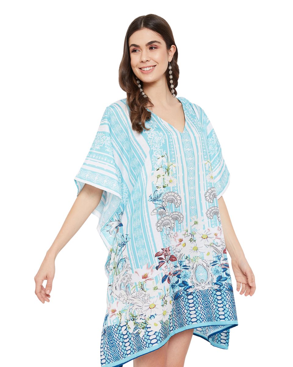 Floral Printed Turquoise Polyester Plus Size Tunic Top For Women