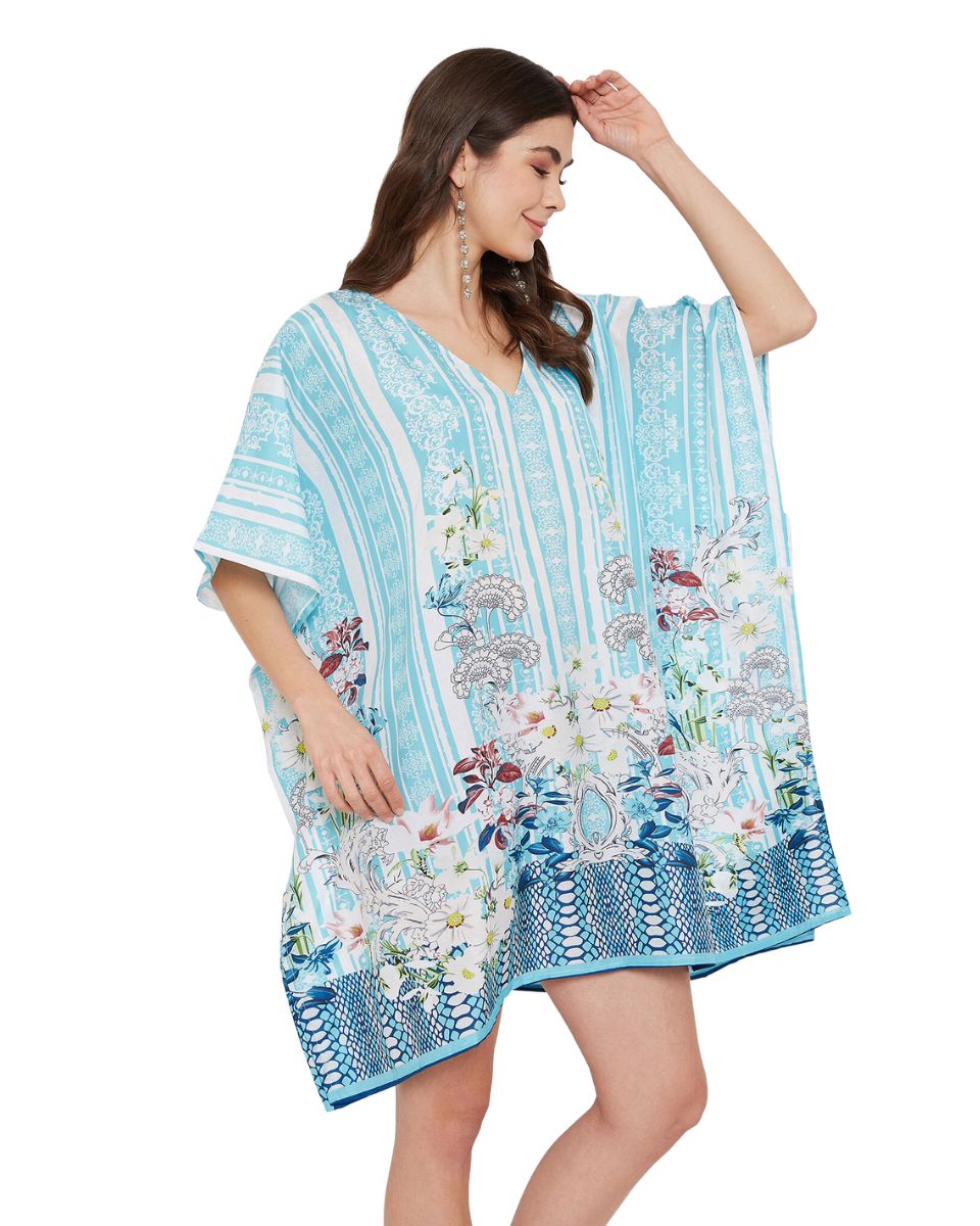 Floral Printed Turquoise Polyester Plus Size Tunic Top For Women