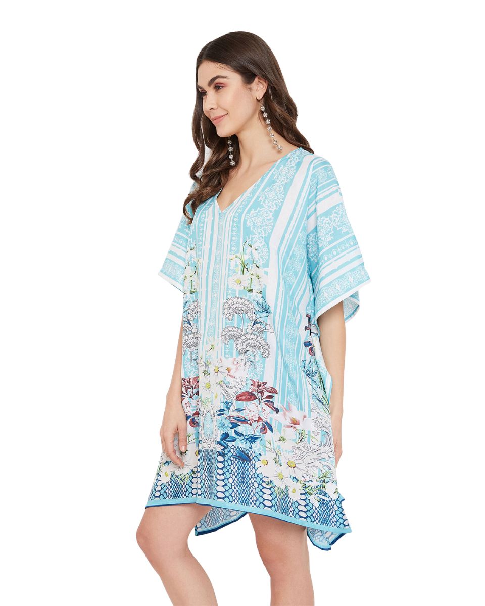 Floral Printed Turquoise Polyester Plus Size Tunic Top For Women