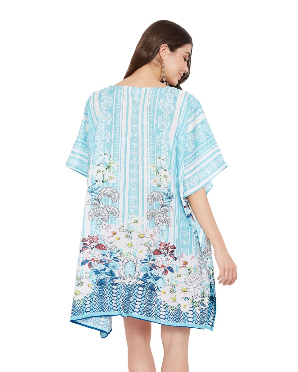 Floral Printed Turquoise Polyester Plus Size Tunic Top For Women