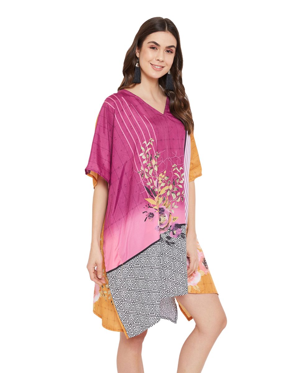 Floral Printed Pink Polyester Tunic Top for Women