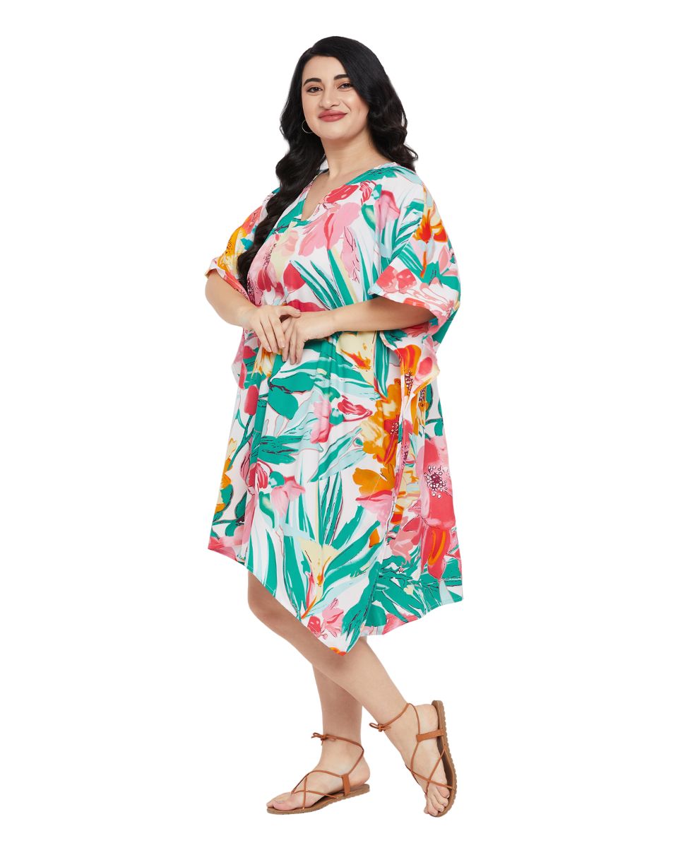 Floral Printed Multicolor Polyester Plus Size Tunic Top For Women