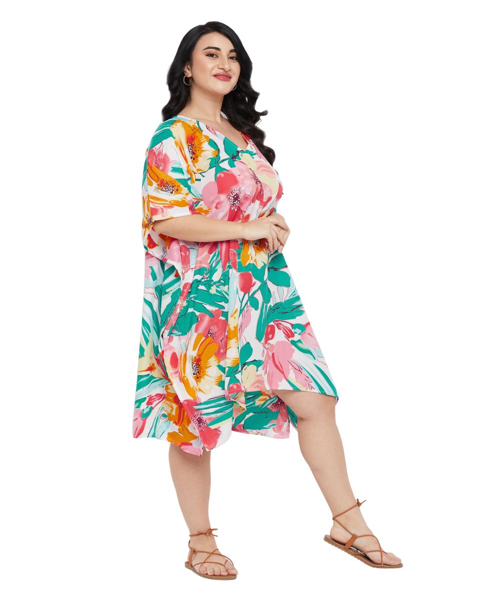 Floral Printed Multicolor Polyester Plus Size Tunic Top For Women