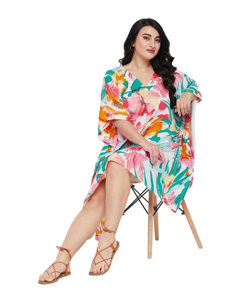 Floral Printed Multicolor Polyester Plus Size Tunic Top For Women