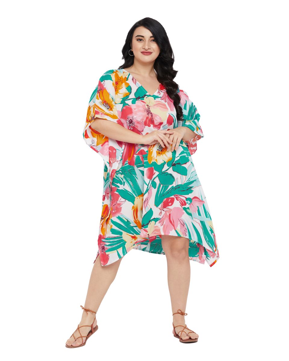 Floral Printed Multicolor Polyester Plus Size Tunic Top For Women