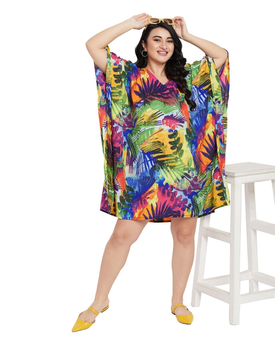 Leaf Printed Multicolor Polyester Tunic Top for Women