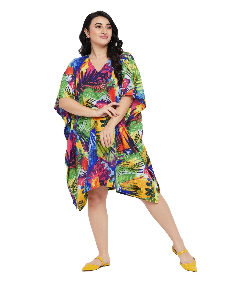 Leaf Printed Multicolor Polyester Tunic Top for Women