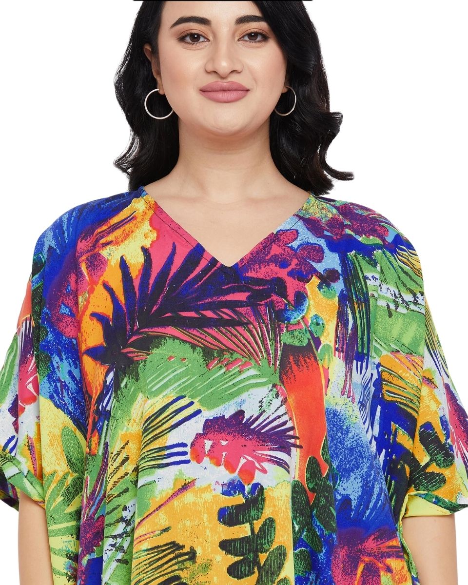 Leaf Printed Multicolor Polyester Tunic Top for Women