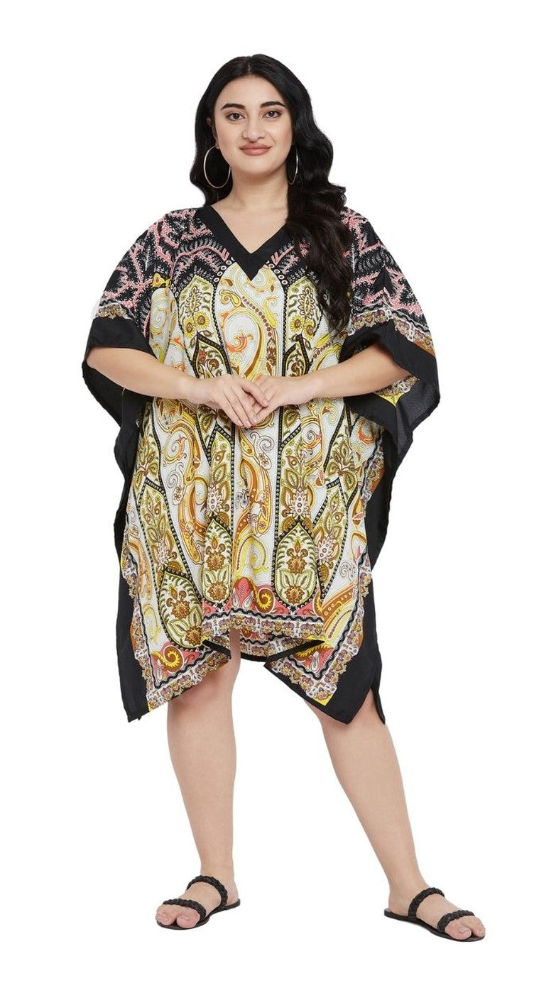 Black and gold paisley floral border print polyester plus size tunic with kimono sleeves and handkerchief hem