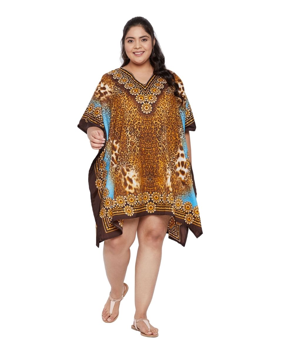 Leopard Brown Polyester Plus Size Short Caftan Beach Coverup for Women