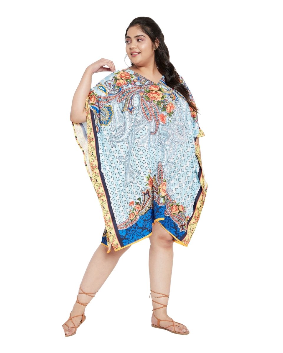 Floral Printed Sky Blue Polyester Plus Size Tunic Top For Women