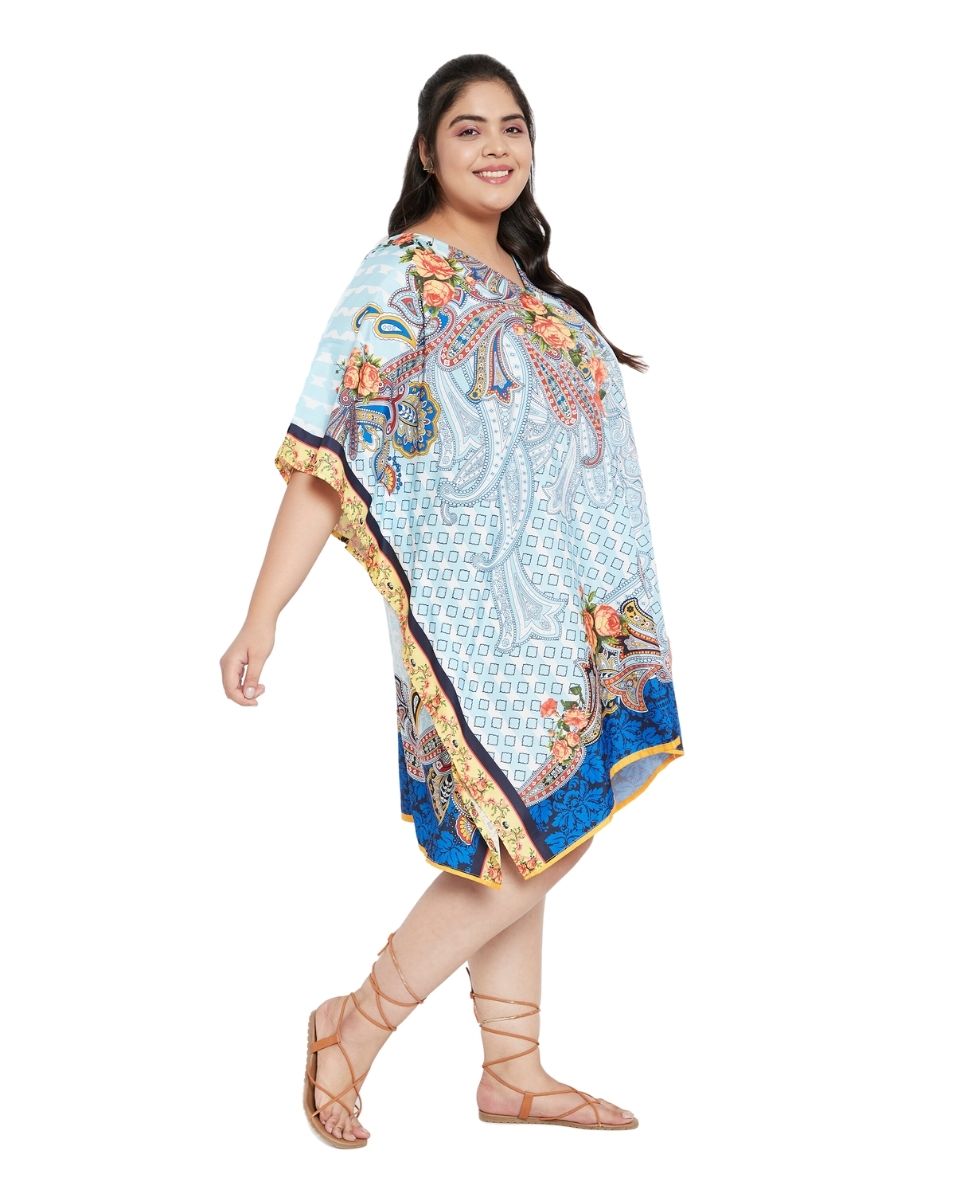 Floral Printed Sky Blue Polyester Plus Size Tunic Top For Women