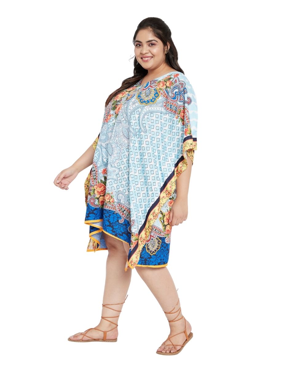 Floral Printed Sky Blue Polyester Plus Size Tunic Top For Women