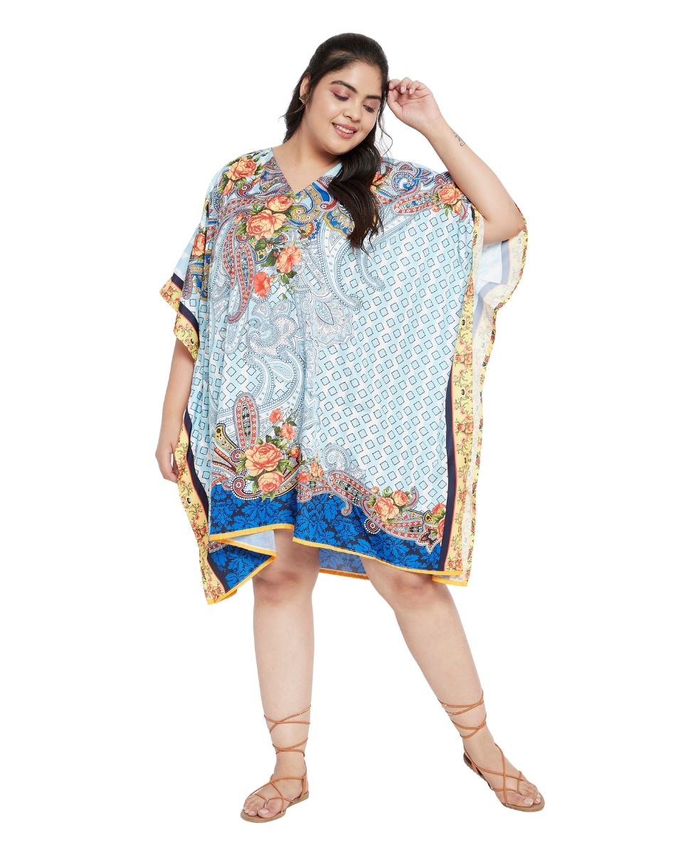 Floral Printed Sky Blue Polyester Plus Size Tunic Top For Women