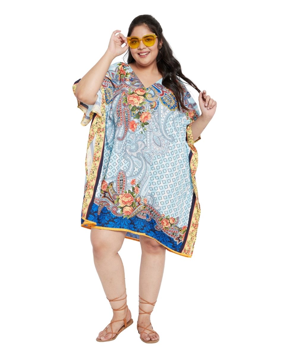 Floral Printed Sky Blue Polyester Tunic Top for Women