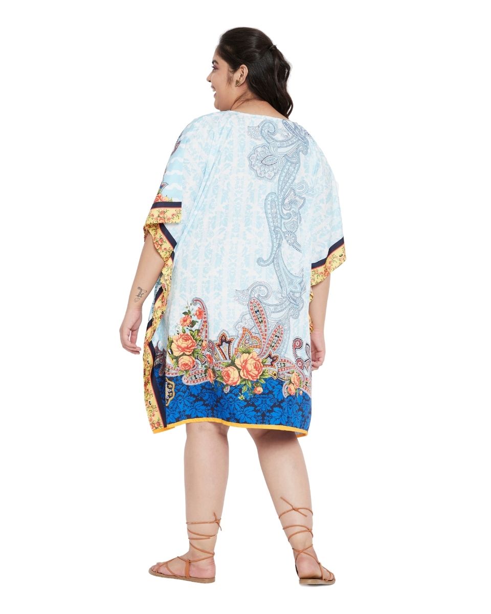 Floral Printed Sky Blue Polyester Plus Size Tunic Top For Women