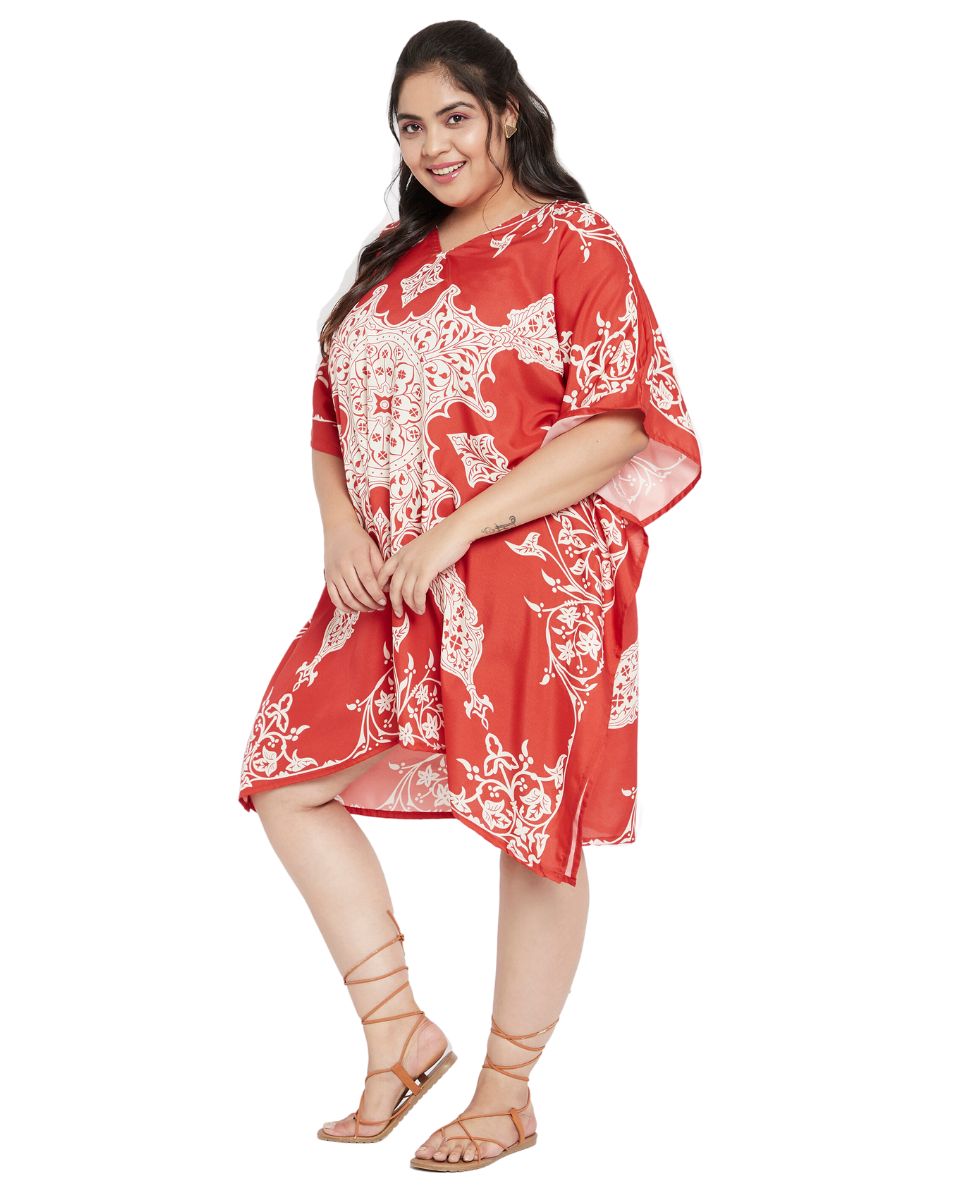 Floral Printed Red Polyester Tunic Plus Size Top Dress For Women