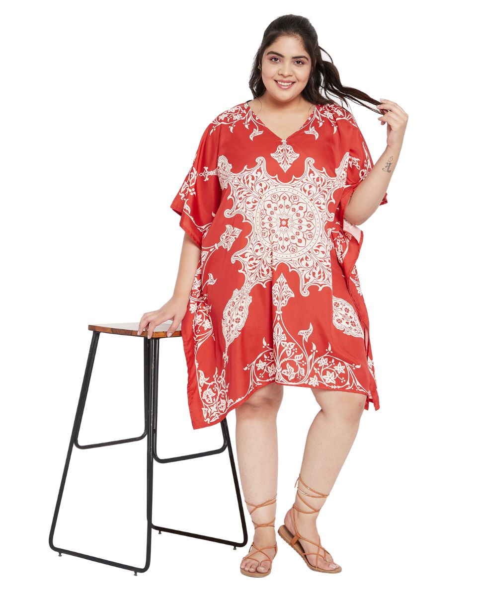 Floral Printed Red Polyester Tunic Plus Size Top Dress For Women