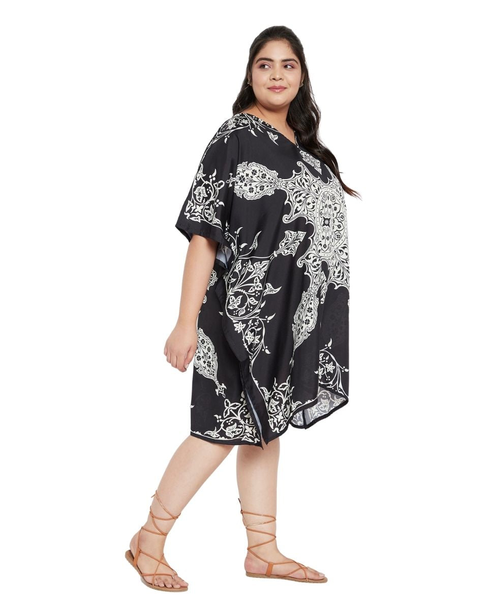 Floral Printed Black Polyester Tunic Top For Plus Size Women