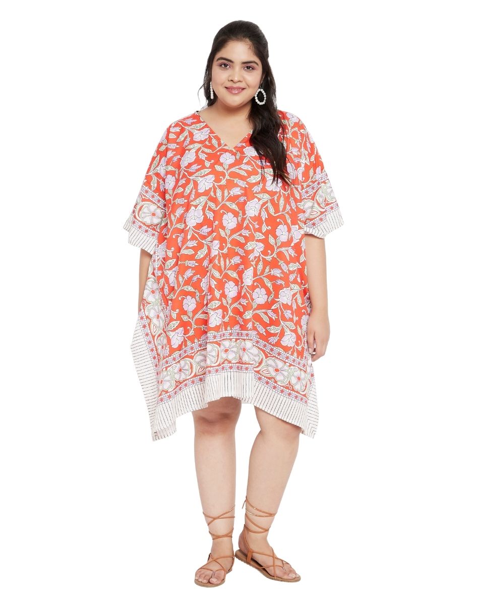 Floral Printed Orange Polyester Tunic Top for Women