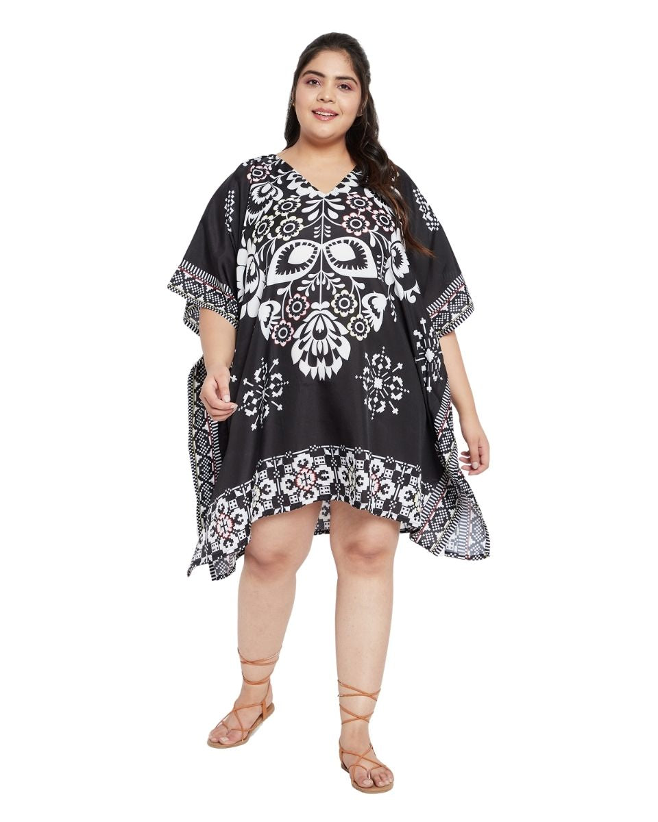 Floral Printed Black Polyester Tunic Top for Women