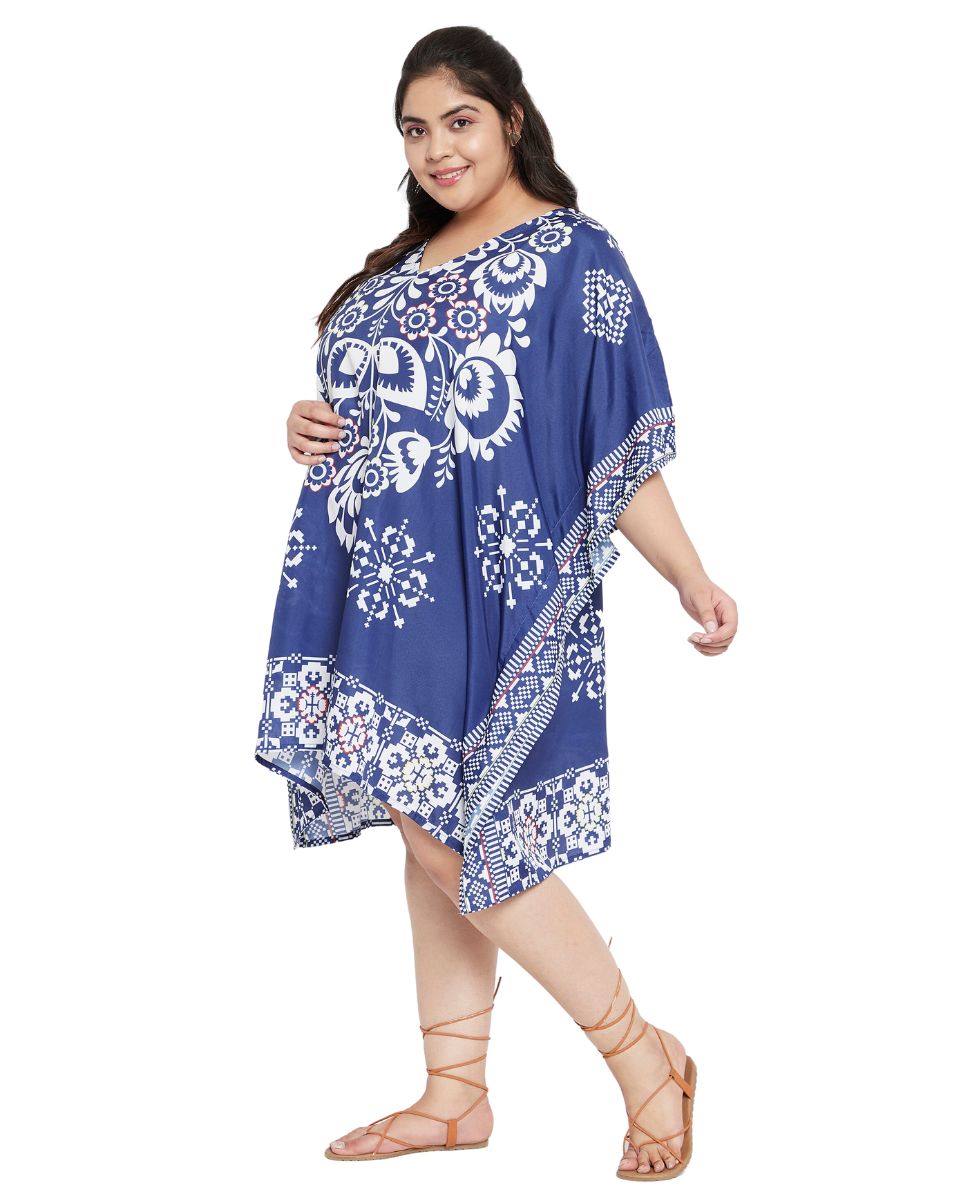 Floral Printed Blue Polyester Tunic Top for Women