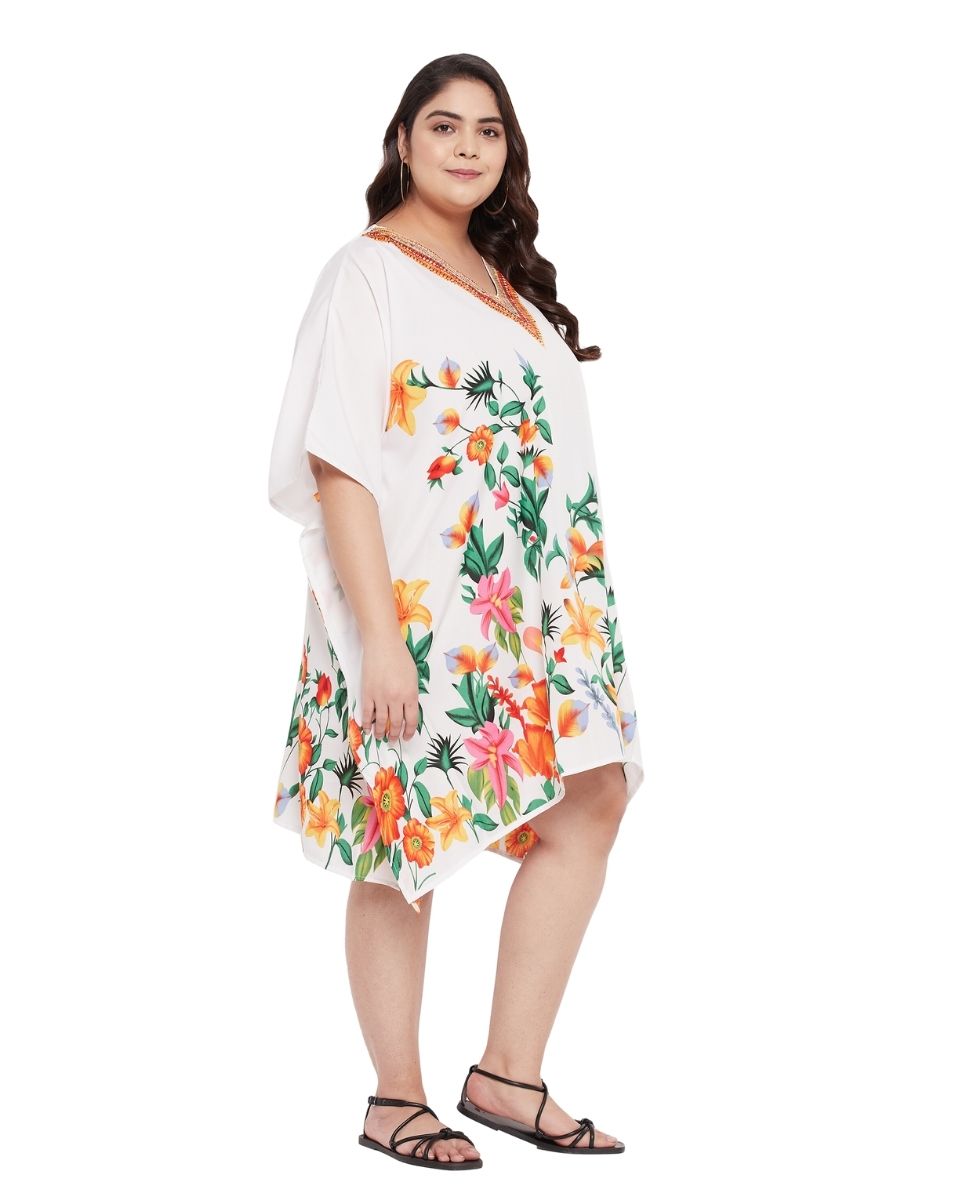 Floral Printed White Plus Size Polyester Tunic Top For Women