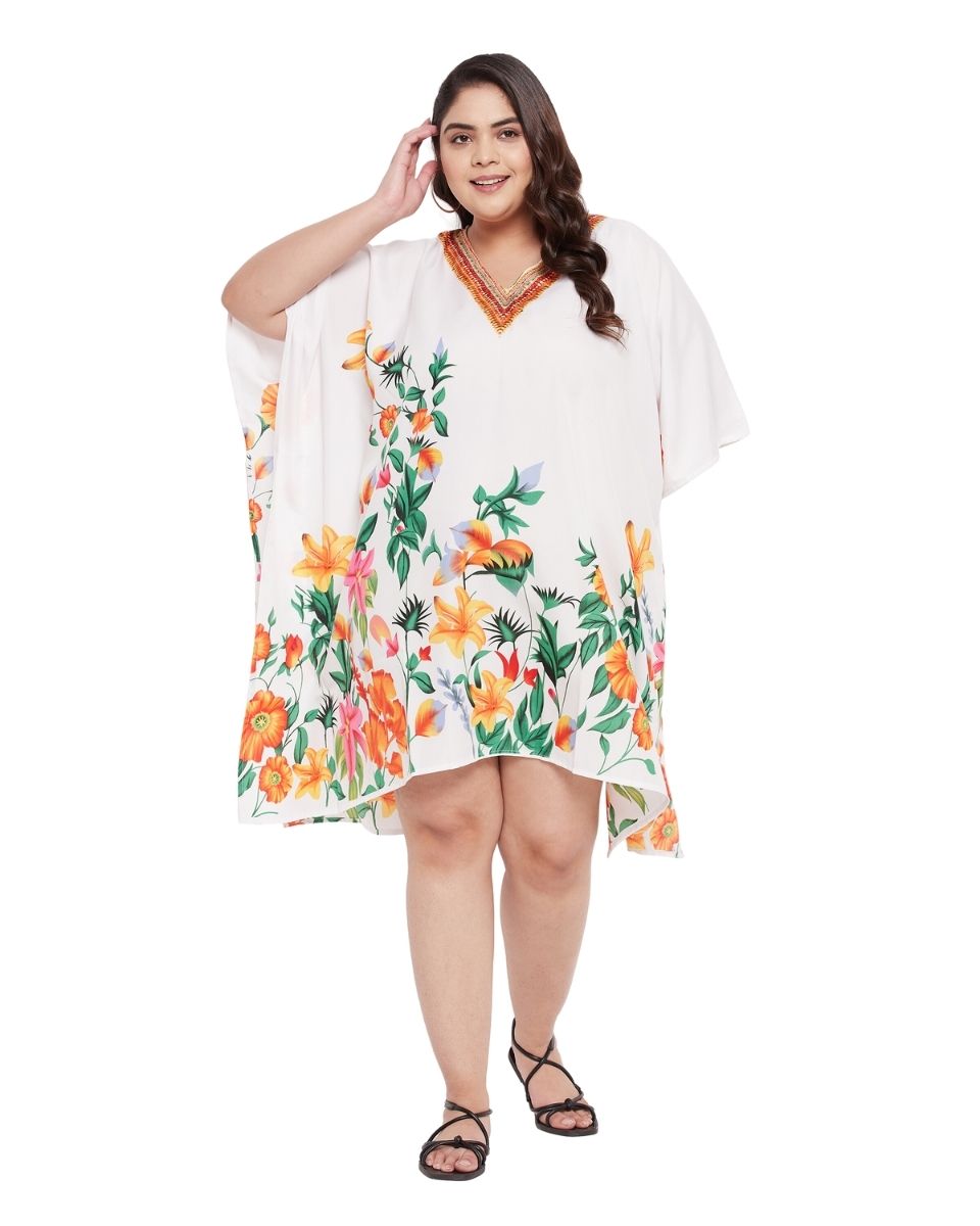 Floral Printed White Polyester Tunic Top for Women