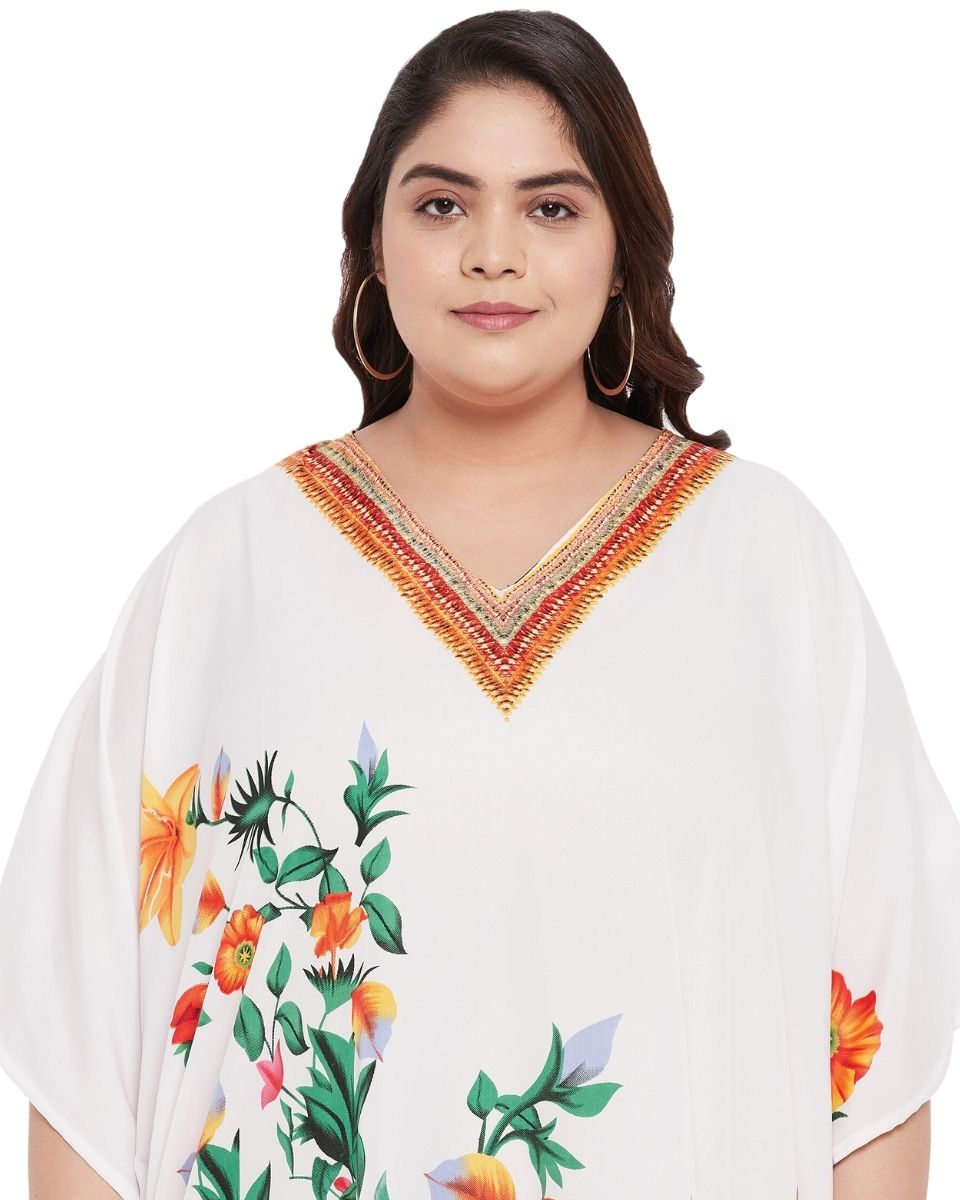 Floral Printed White Plus Size Polyester Tunic Top For Women