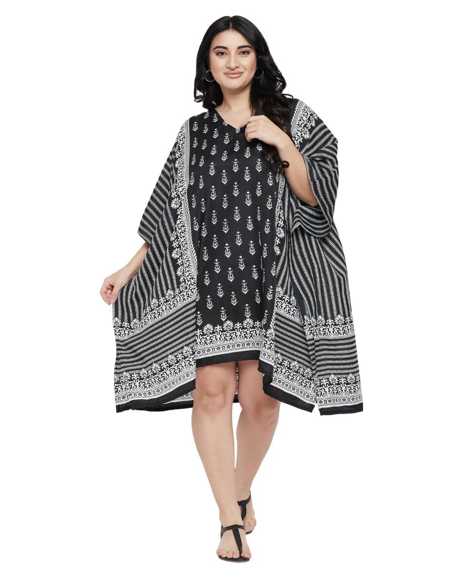 Floral Printed Black Polyester Tunic Plus Size Top For Women
