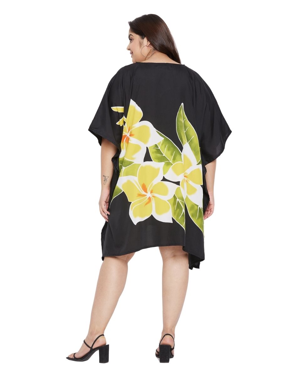 Floral Printed Black Polyester Plus Size Tunic Top For Women