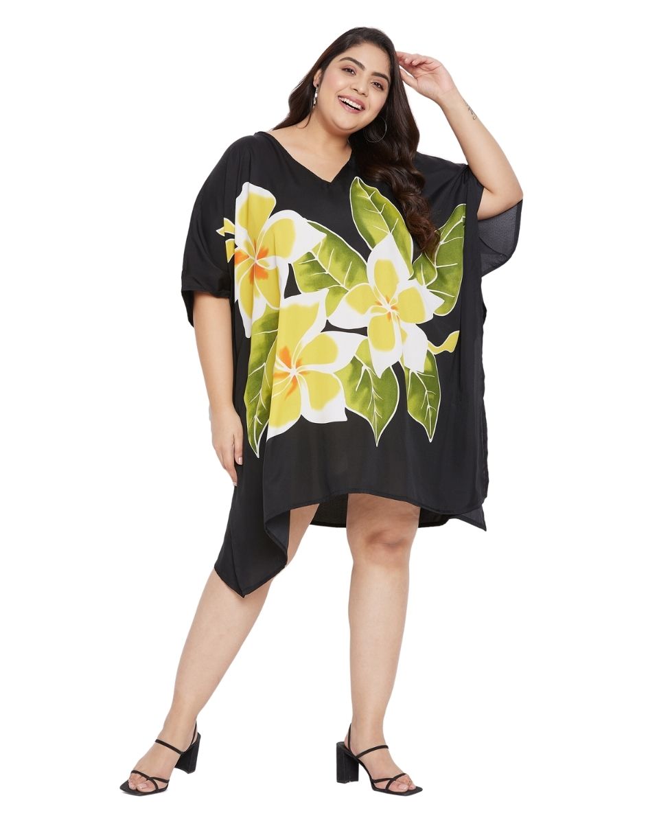Floral Printed Black Polyester Plus Size Tunic Top For Women