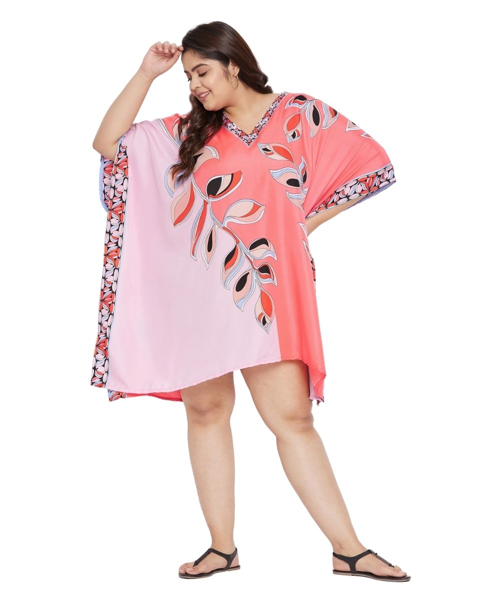 Leaf Printed Pink Lemonade Polyester Tunic Top for Women