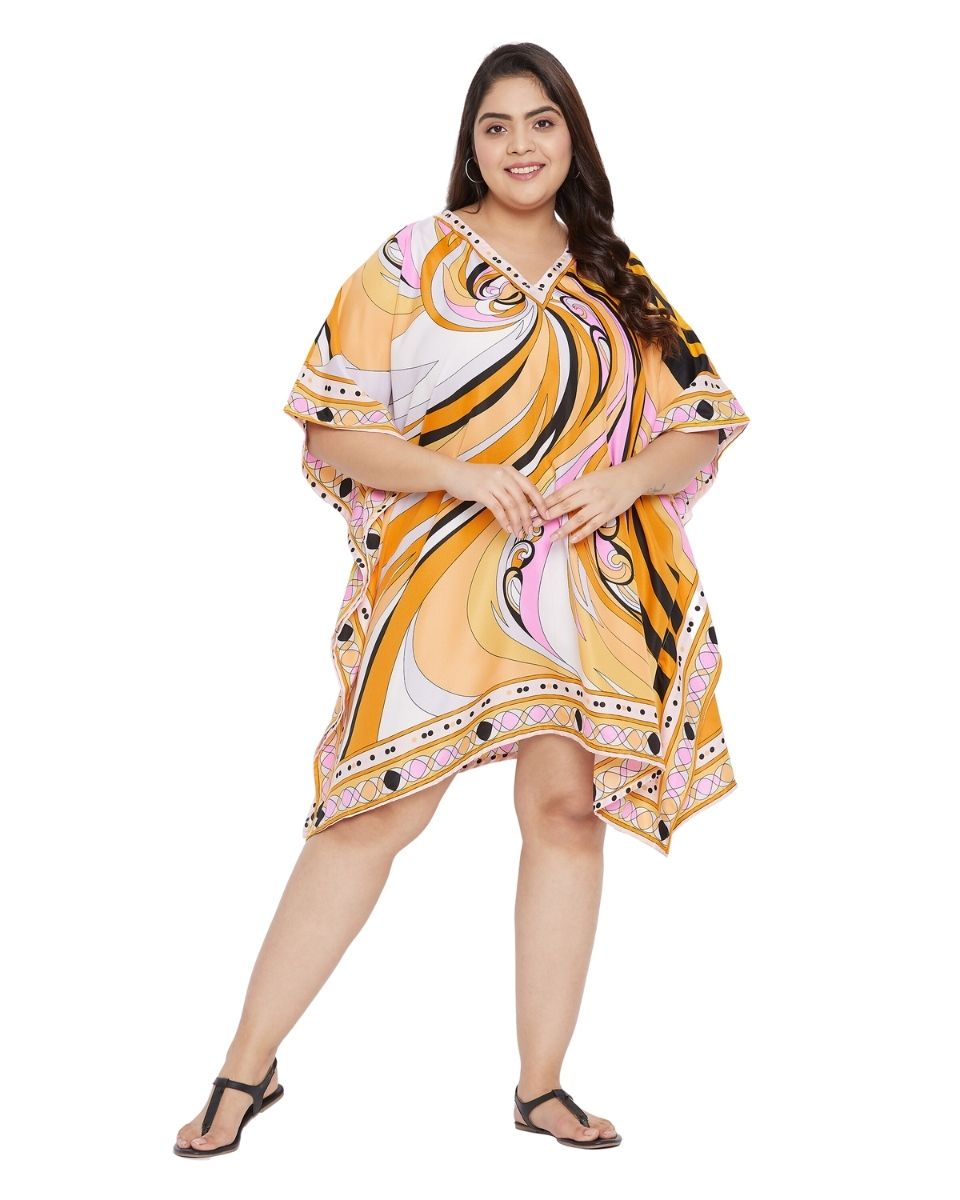 Abstract Printed Yellow Polyester Tunic Top for Women