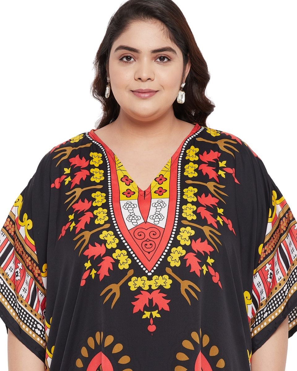 Tribal Printed Black Polyester Tunic Top for Women