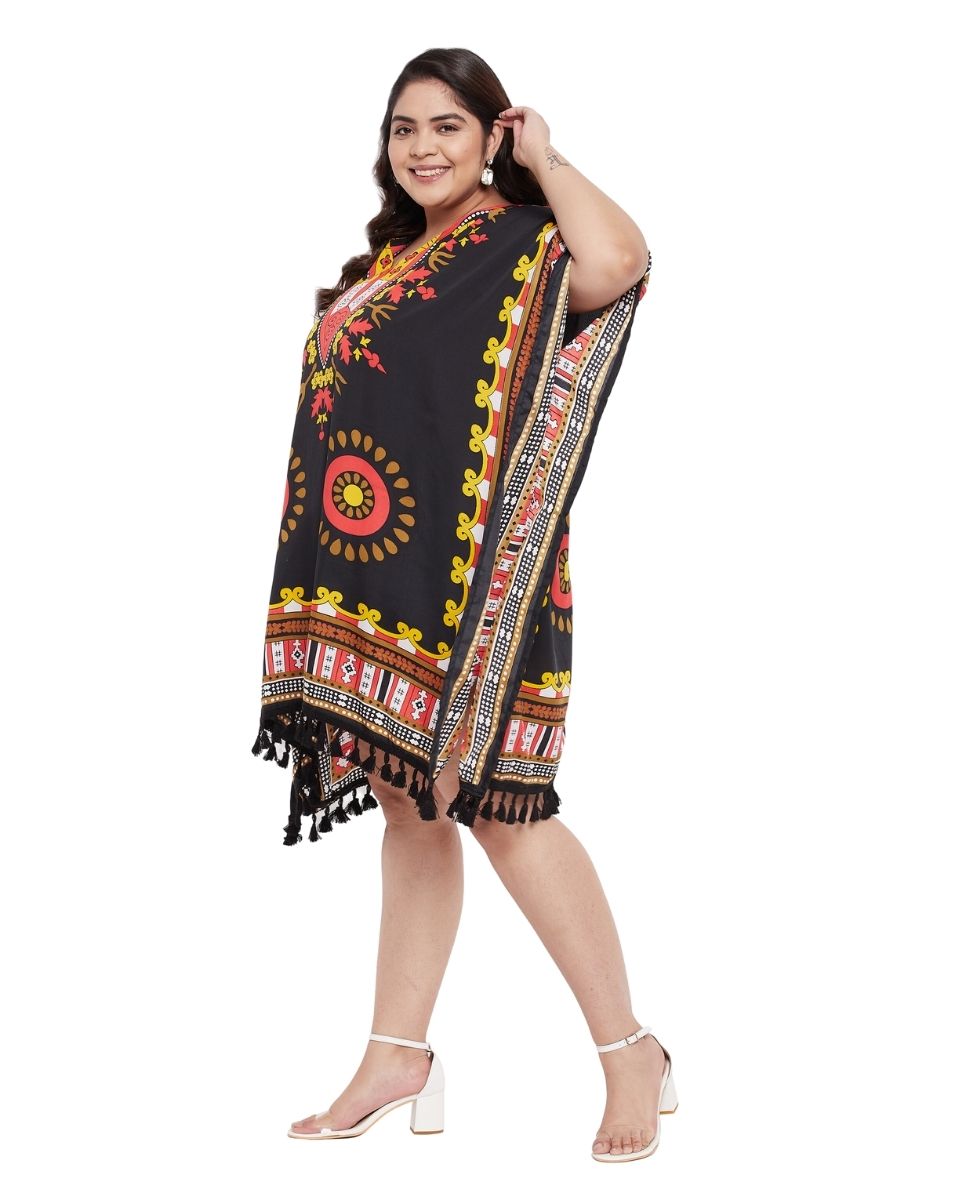 Top Tribal Printed Black Polyester Plus Size Tunic For Women