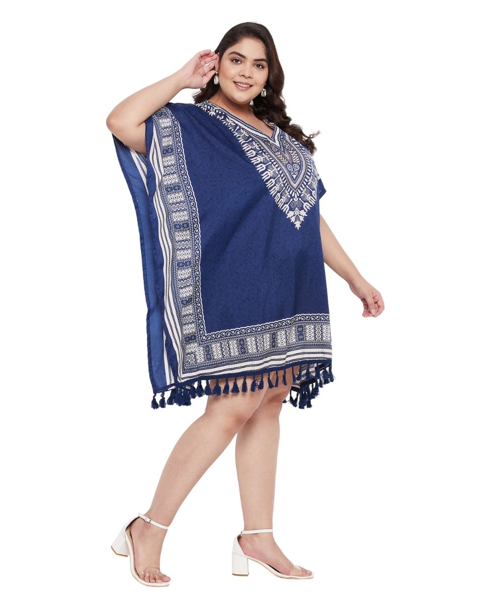 Tribal Printed Blue Polyester Tunic Top for Women