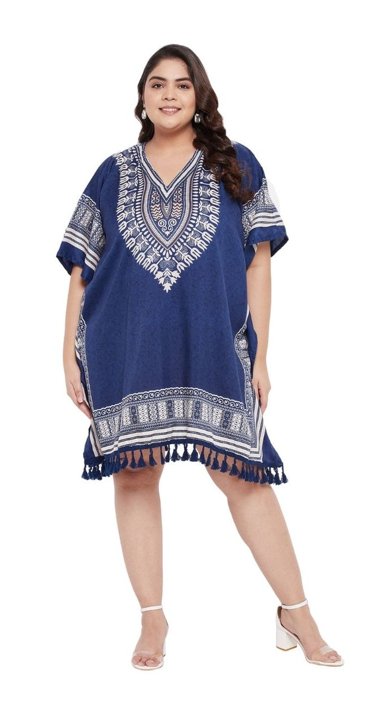 Navy blue dashiki tribal border print polyester plus size tunic with kimono sleeves and tassel hem
