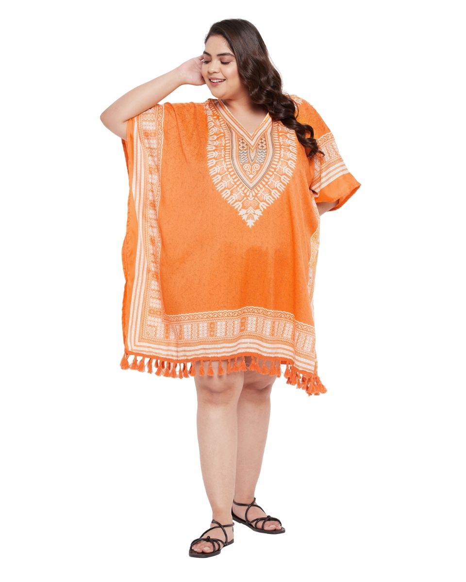 Tribal Printed Orange Polyester Tunic Top for Women