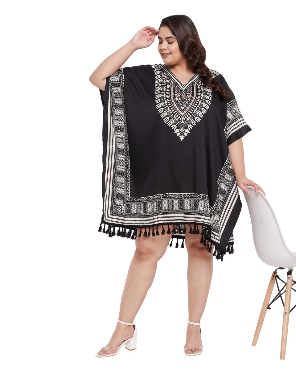 Tribal Printed Black Polyester Tunic Top for Women