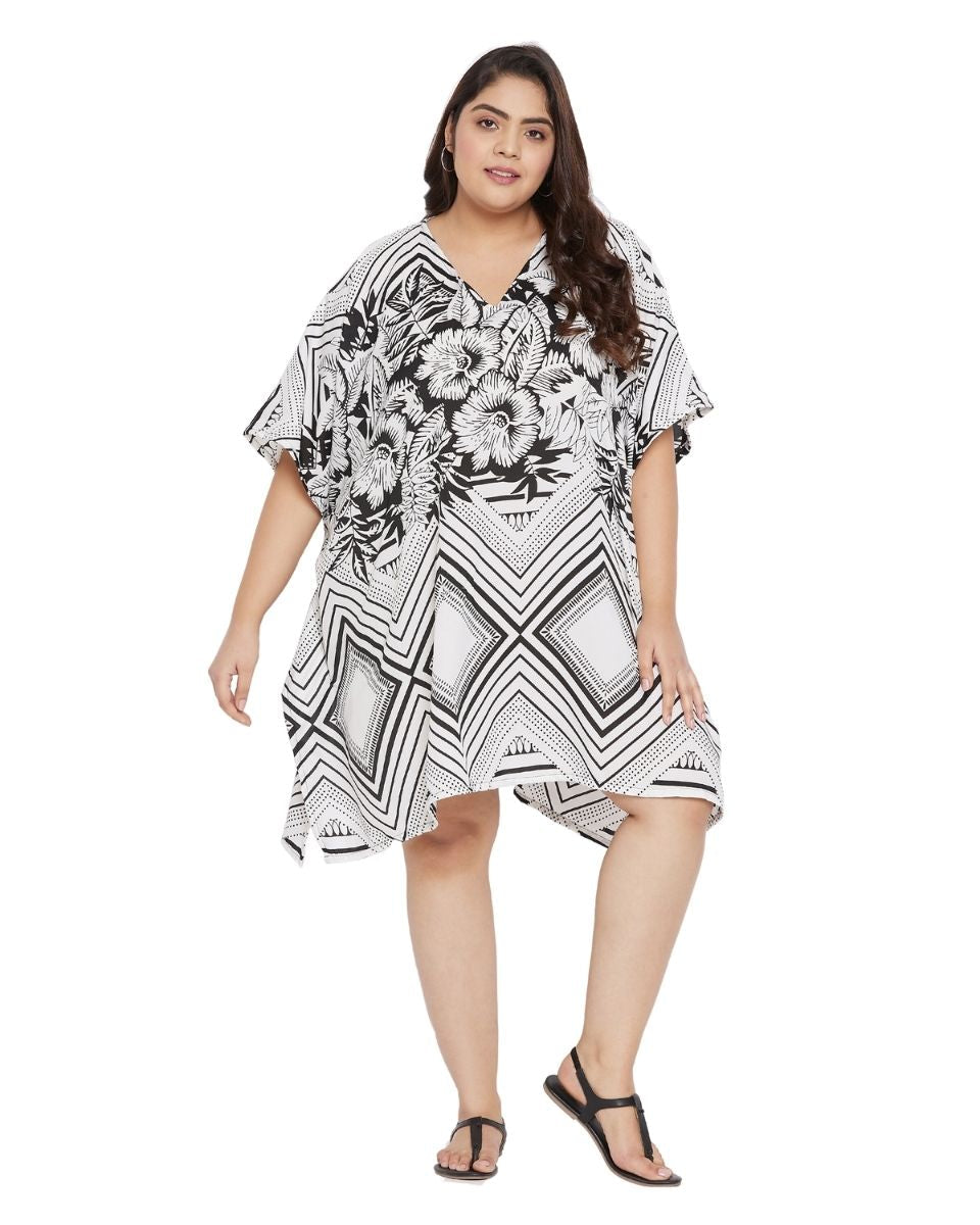 Floral Printed White Polyester Plus Size Tunic Top For Women