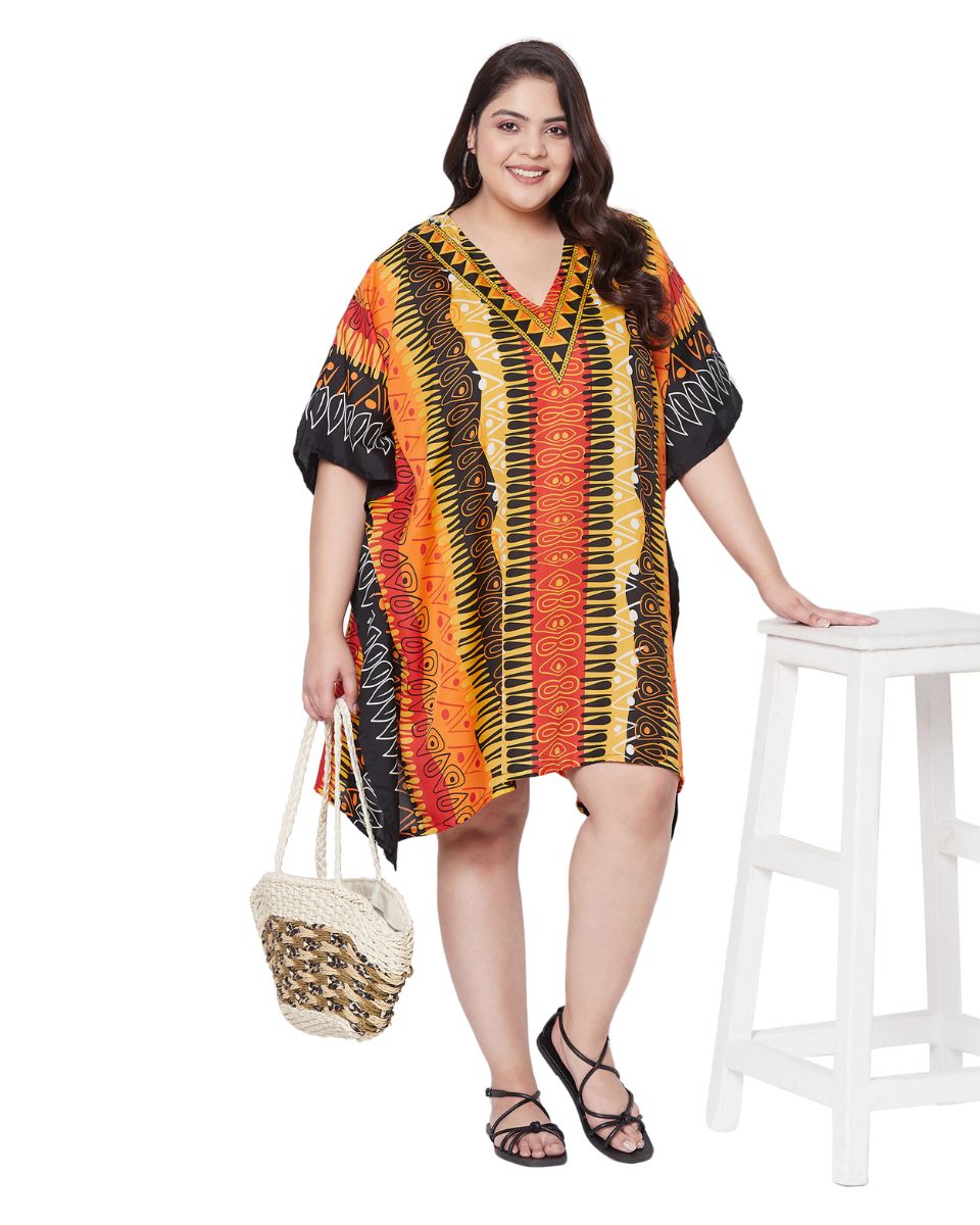 Top For Plus Size Women Tribal Printed Multicolor Polyester Tunic